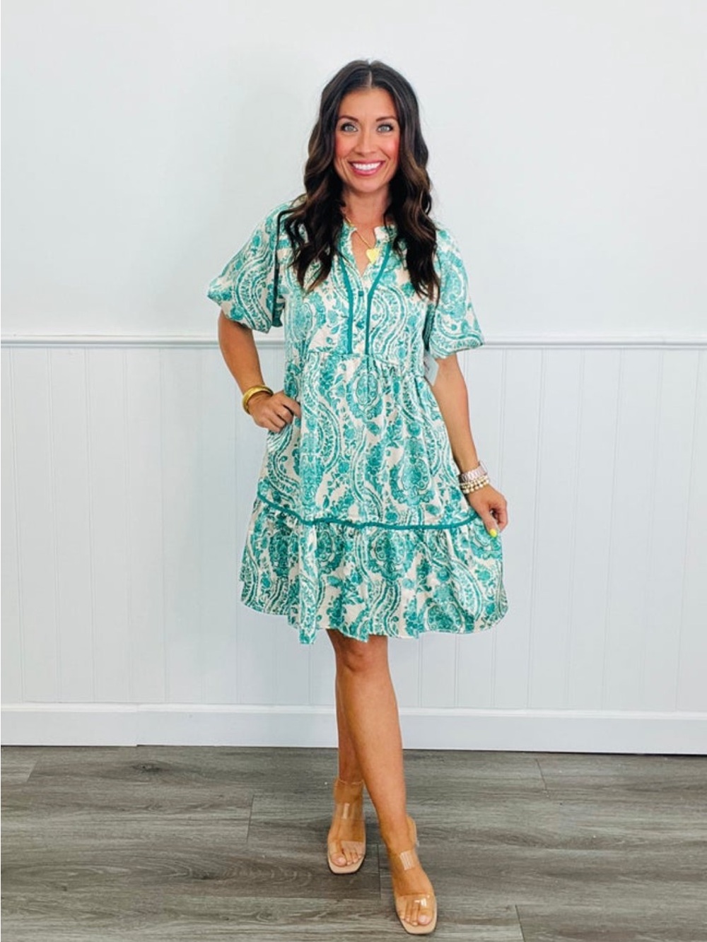 Teal Paisley Print Short Sleeve Dress